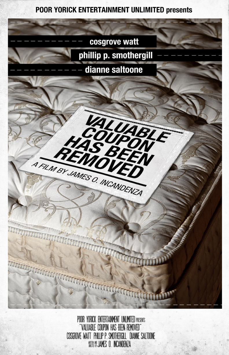 Valuable Coupon Has Been Removed Movie Poster: A mattress with its warning label replaced by the movie's title