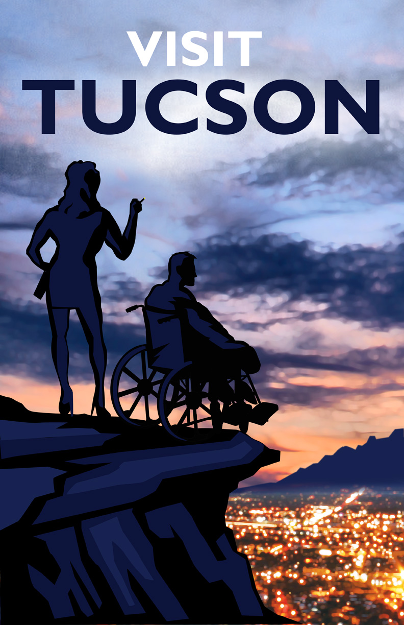 Visit Tuscon Poster: Man in wheelchair & woman smoking and drinking while overlooking a lit up city from a rock face