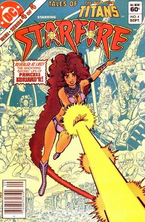 Comic book cover from 1982 featuring Starfire flying and shooting a beam of energy from her hand