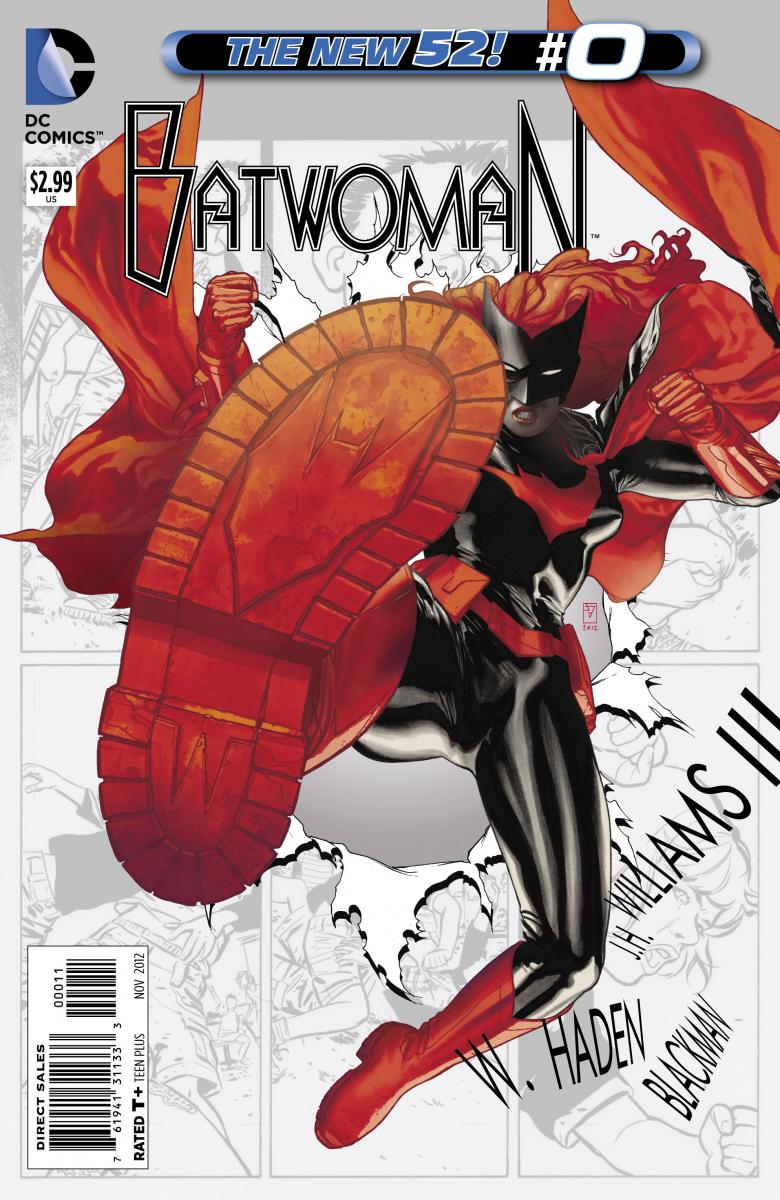 Batwoman issue zero comic cover. Batwoman kicking in boots with Batman symbol and large W on the sole