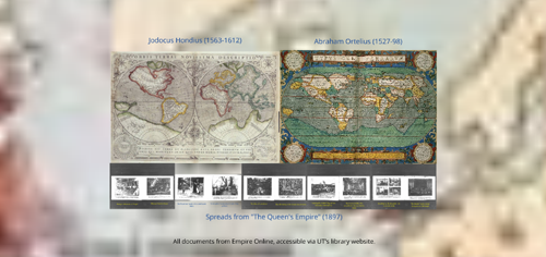 Two maps are set side-by-side, with a row of black-and-white images beneath them and bits of another map in the background.