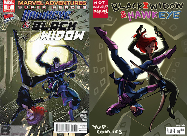A comic book cover is juxtaposed next to a re-drawing of that cover. In the original, Hawkeye and Black Widow leap down off a roof. Black Widow's legs are spread and her arms splayed to showcase her breasts. In the parody, Hawkeye is shown as highly sexualized.