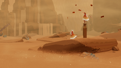 Two figures stand on pedestals in the desert, in a scene from the video game Journey.