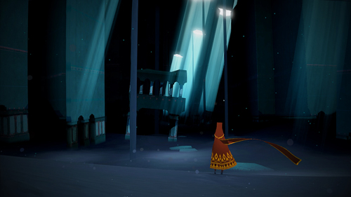 In a cartoon-styled image from a video game, a red-clad figure looks forward in a blue, shadowy environment.
