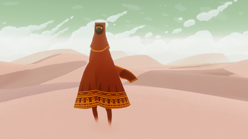 A red-robed figure stands in front of roughly-illustrated, gently rolling sand dunes.