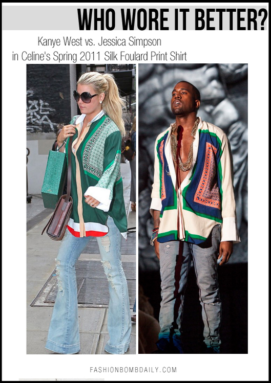 Kanye West in a "who wore it better" with Jessica Simpson, featuring a women's shirt.