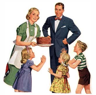 an idealized heterosexual family comprised of a woman holding a cake, a man in a business suit, and three smiling children