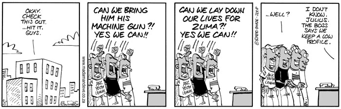 This four panel cartoon depicts South African political activity in the context of Senator Obama's slogan 'yes we can.'