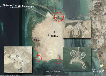 Google Earth image of one of Bahrain's islands.  Three areas have been circled in red, and according to the caption in-set zoomed in images of these ares are military facilities.  The caption also says the entire island is reserved for military exercising