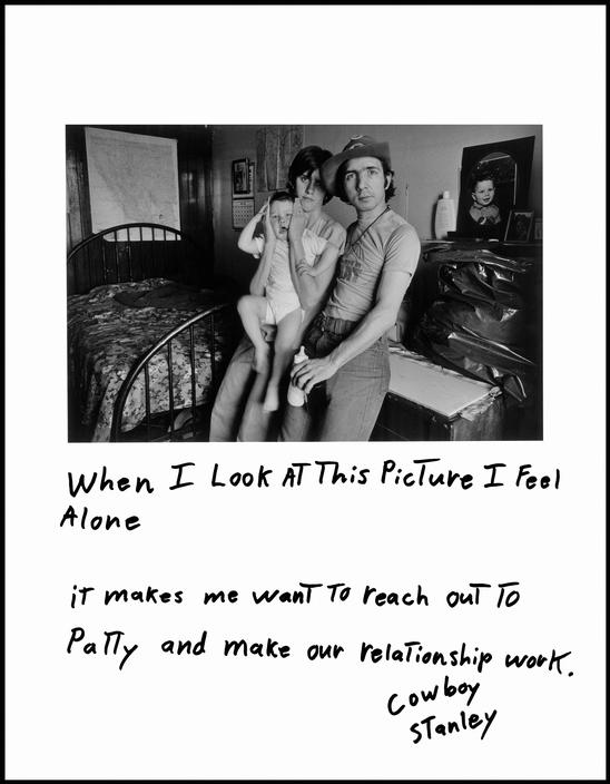 black and white photo of man, woman, and child. Handwritten text beneath photo says when I look at this picture I feel alone. It makes me want to reach out to Patty and make our relationship work. Cowboy Stanley.