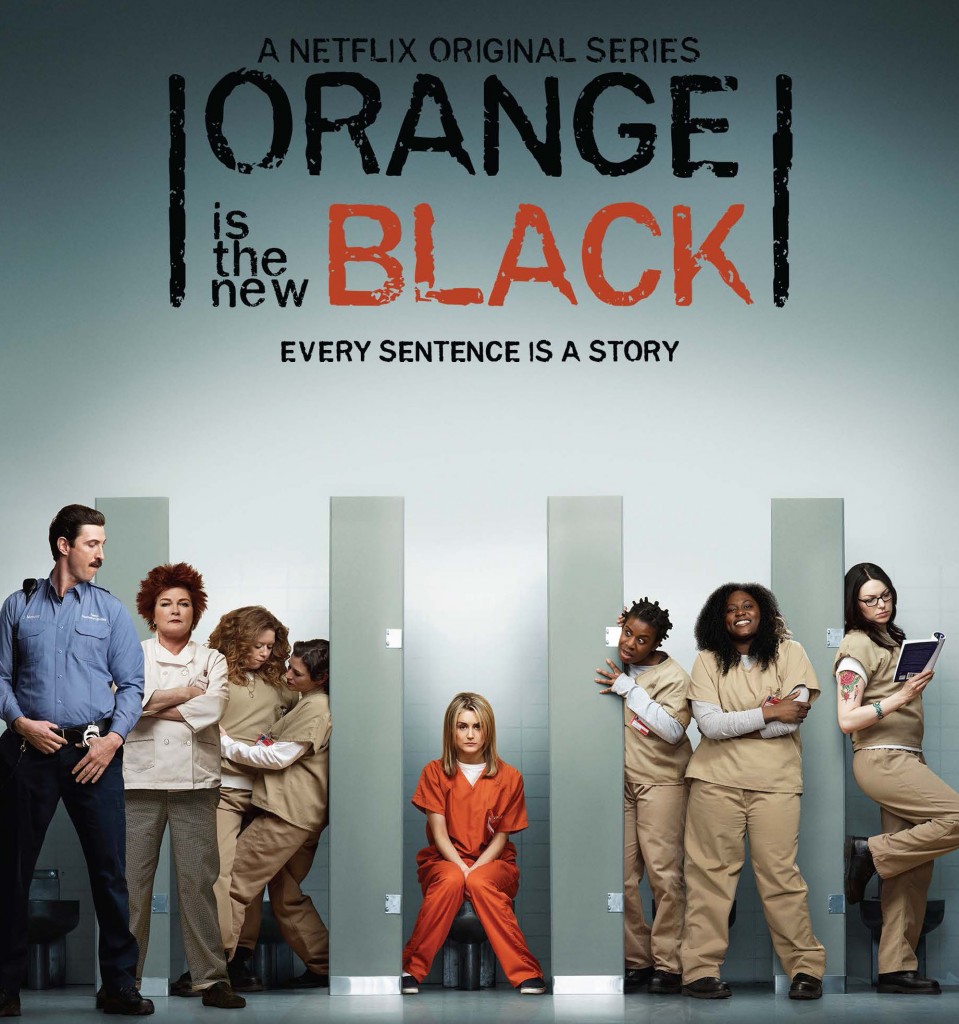 Poster for Orange Is the New Black. Various inmates look out at the camera from bathroom stalls without doors