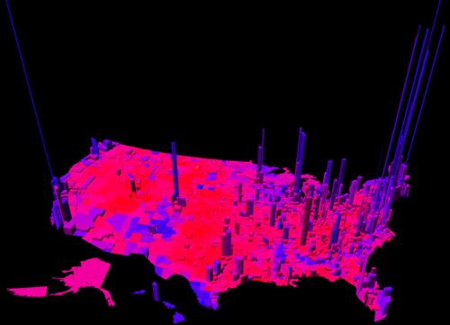 A map of the United States colored blue and red (and different shades of purple) according to how counties voted in the 2012 Presidential election. The map is 3-dimensional looking, and there are bars rising up from each county whose height represents the number of voters.