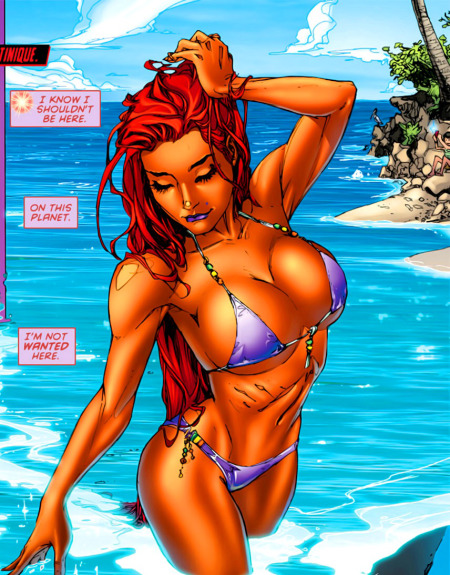 Comic book panel featuring 2011 Starfire in a sexy pose, wearing a bikini