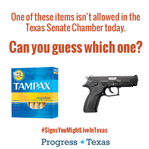 gun next to box of tampons. Text: One of these items isn't allowed in the Texas Senate Chamber today. Can you guess which one?