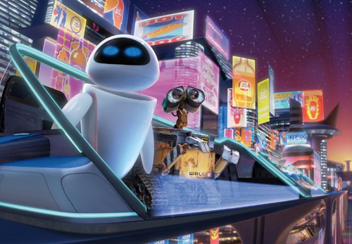 WALL-E and EVE, the titular hero and romantic interest of Pixar's robot movie, share a flying train. EVE looks like a sleek Apple product; WALL-E looks like (and is) a used trash compactor.