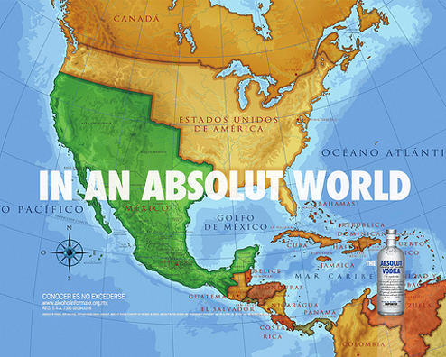 Absolut ad that features a historical map of Mexico that includes most of the USA's Southwest