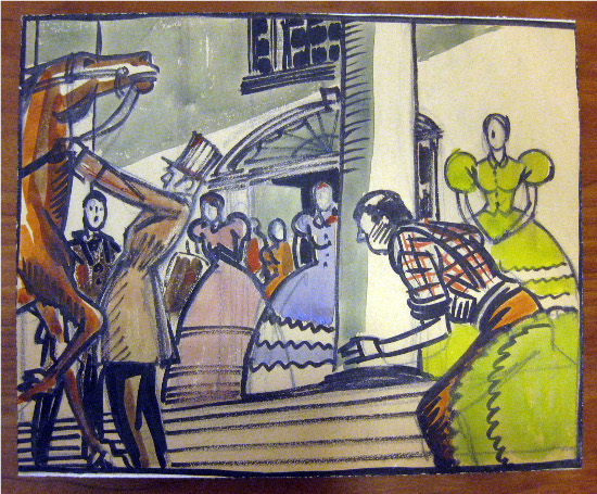 Storyboard of the Twelve Oaks scene in Gone with the Wind.  Visible is the porch of a large white house, with several women in colorful dresses of pink, green, and blue. A man in a plaid shirt holds a brown horse, attached to a carriage in the foreground.
