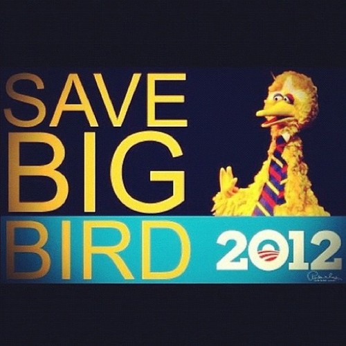 Big Bird with Obama 2012 logo: red, white & blue sunrise