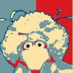 Fairey Hope Big Bird photoshop: Line drawn Big Bird head on split red/blue background