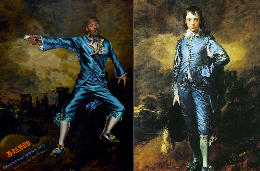 A juxtaposition of the costume design for Django as valet and Thomas Gainsborough's "Blue Boy" 