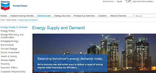 Screen capture of Chevron webpage; image of cluster of high rise towers under construction at dusk; cranes and tower lights on; text: "balancing tomorrow's energy demands today."