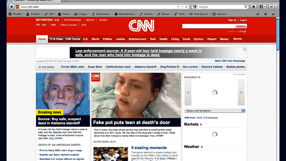A moving gif demonstrating the pop-up ad on CNN.com's homepage, and how to quickly close it.