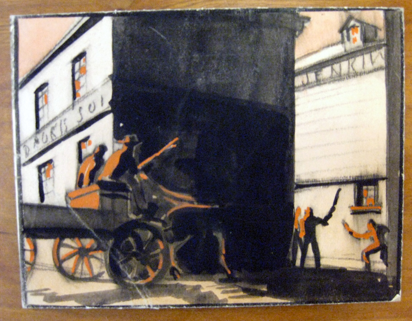 This storyboard depicts Scarlett and Rhett's journey out of Atlanta during the looting. We see Scarlett and Rhett in a wagon on the left side of the screen in the foreground. In the background buildings stand with broken windows, with the cracked glass conveyed by orange paint, which also represents the fire's glare on Scarlett and Rhett's back.  Looters linger in the background on the right of the storyboard.