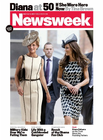 Cover of Newsweek issue for 4 July 2011; the cover story is titled 'Diana at 50: If She Were Here Now' and depicts an aged Diana posed to the left of Kate Middleton. Diana wear a cream-colored dress with a hat, and the Duchess wears a black dress with white ovals on it and a black hat.
