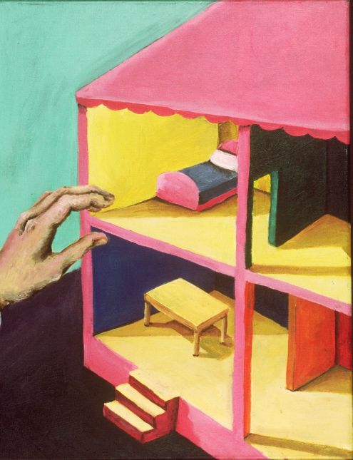 Brightly Colored Painting of Doll House with Girl's Arm