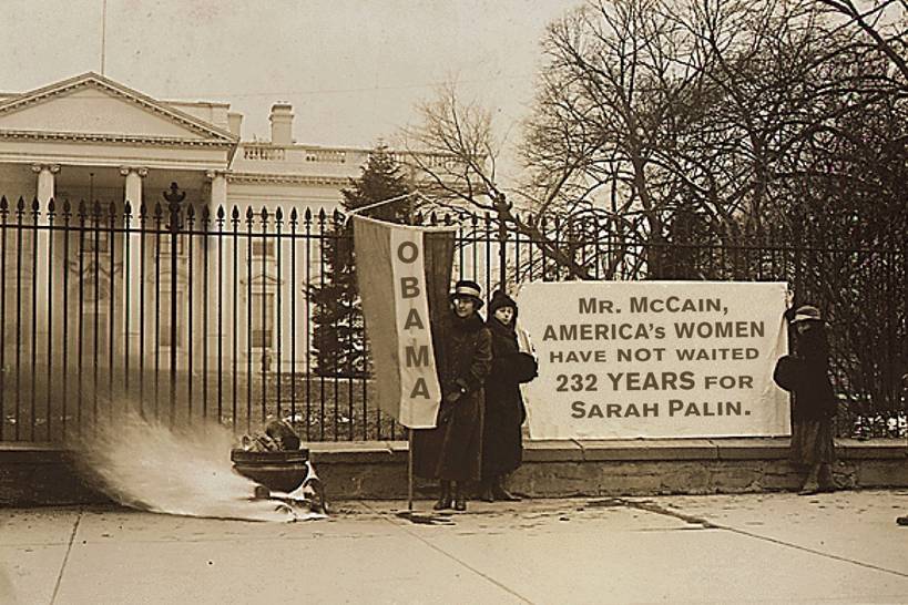altered nineteenth-century photograph of women outside the White House with Obama signs