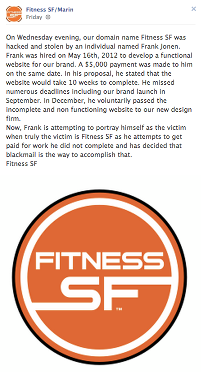 A screen capture of Fitness SF's response to Frank Jonen's allegations.