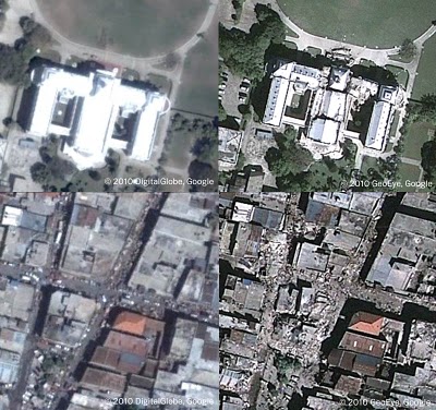 pre- and post-quake views of the Presidential Palace (top left, top right) and downtown Port au Prince (bottom left, bottom right)