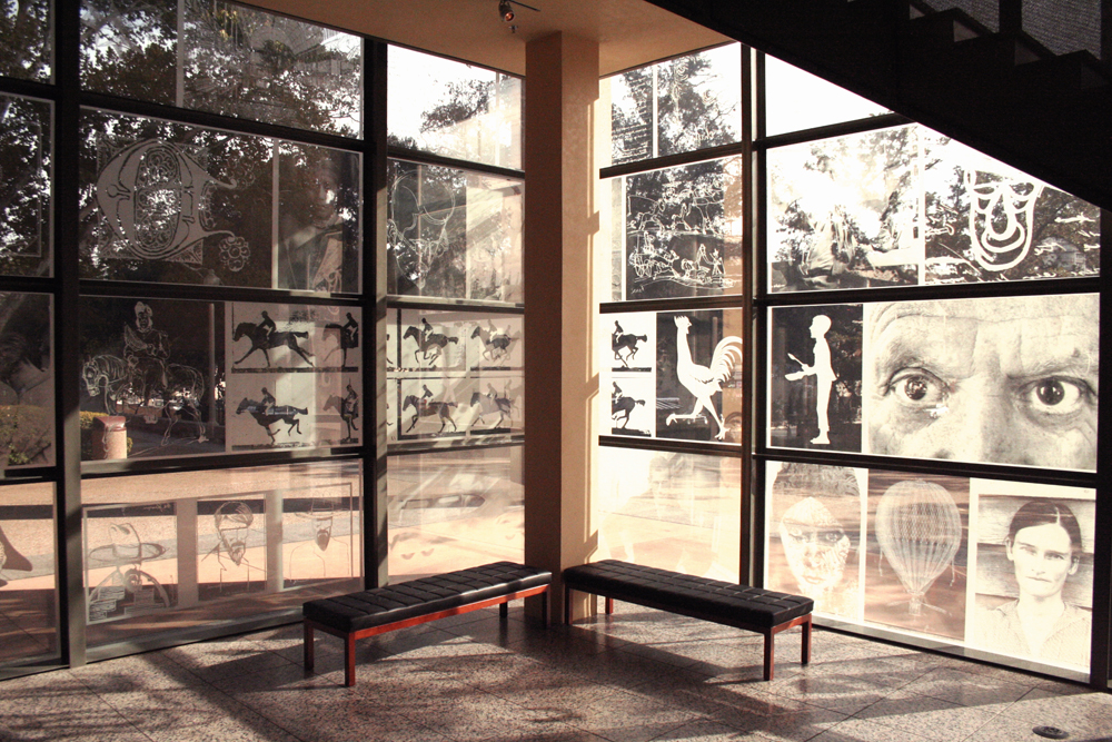 etched windows, Harry Ransom Center, U. of Texas