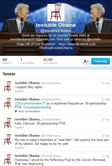 Screenshot of the Twitter feed of Invisible Obama, taken 23 January 2013
