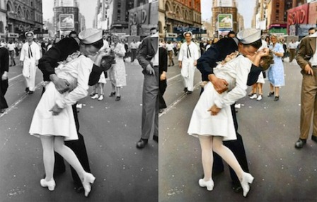 Sailor Kisses Woman in Black and White Next to Colorized Version