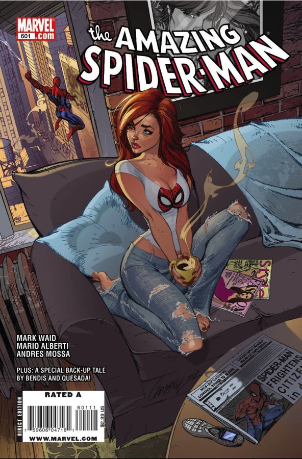 The Amazing Spiderman comic book cover. Mary Jane sits pouting in a sexy pose on a couch