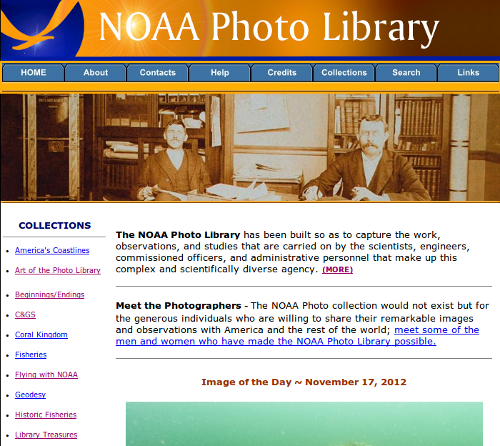 Screenshot of NOAA Photo Library home page: "Collections" links in frame on left, center section displays "Image of the Day," tabs along top provide links to other site functions including search