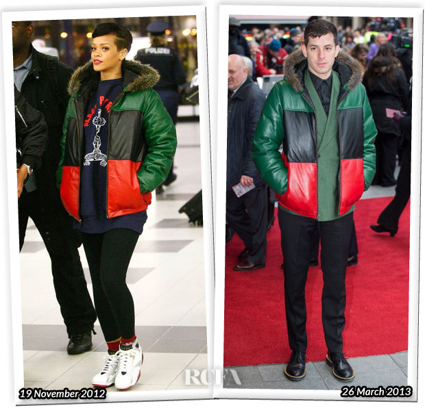 A picture comparing a jacket on Rihanna to Mark Ronson.