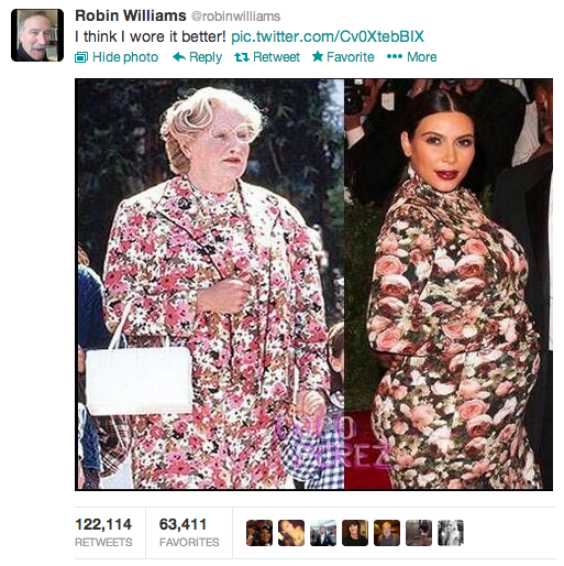 A screen capture of Robin Williams comparing Kim Kardashian's dress at the Met Gala to a frock he wore in Mrs. Doubtfire.