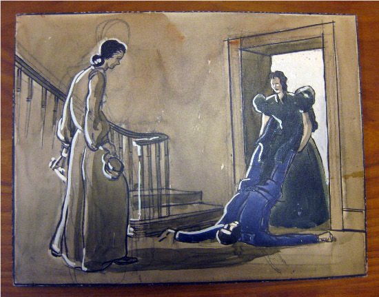 Storyboard of Scarlett dragging the dead union officer's body from inside Tara. She stands in a doorframe on the right, holding the soldier by his legs while his head drags on the ground. Melanie stands weakly on the left side of the staircase which runs near the doorframe. Pencil lines from earlier attempts to sketch the scene halo Melanie's head.