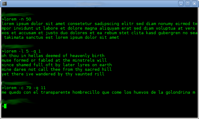 A screenshot of a command prompt window running a script that produces "lorem ipsum" text.