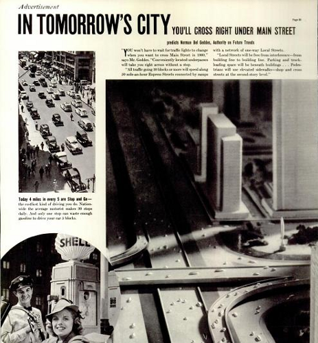 Small photo of traffic-clogged streets contrasted with sketch of futuristic city with cars travelling efficiently on roads
