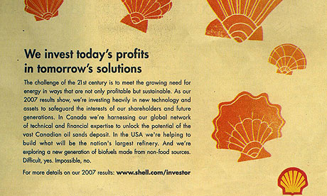 Text: "We invest today's profits in tomorrow's solutions" on off-white background with red seashell sketches in background and yellow and red Shell logo at bottom right corner