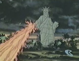 Thundarr the Barbarian Statue of Liberty destroys prehistoric world