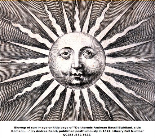 Black and white sun burst illustration with face on surface of sun and 24 rays alternating straight and jagged