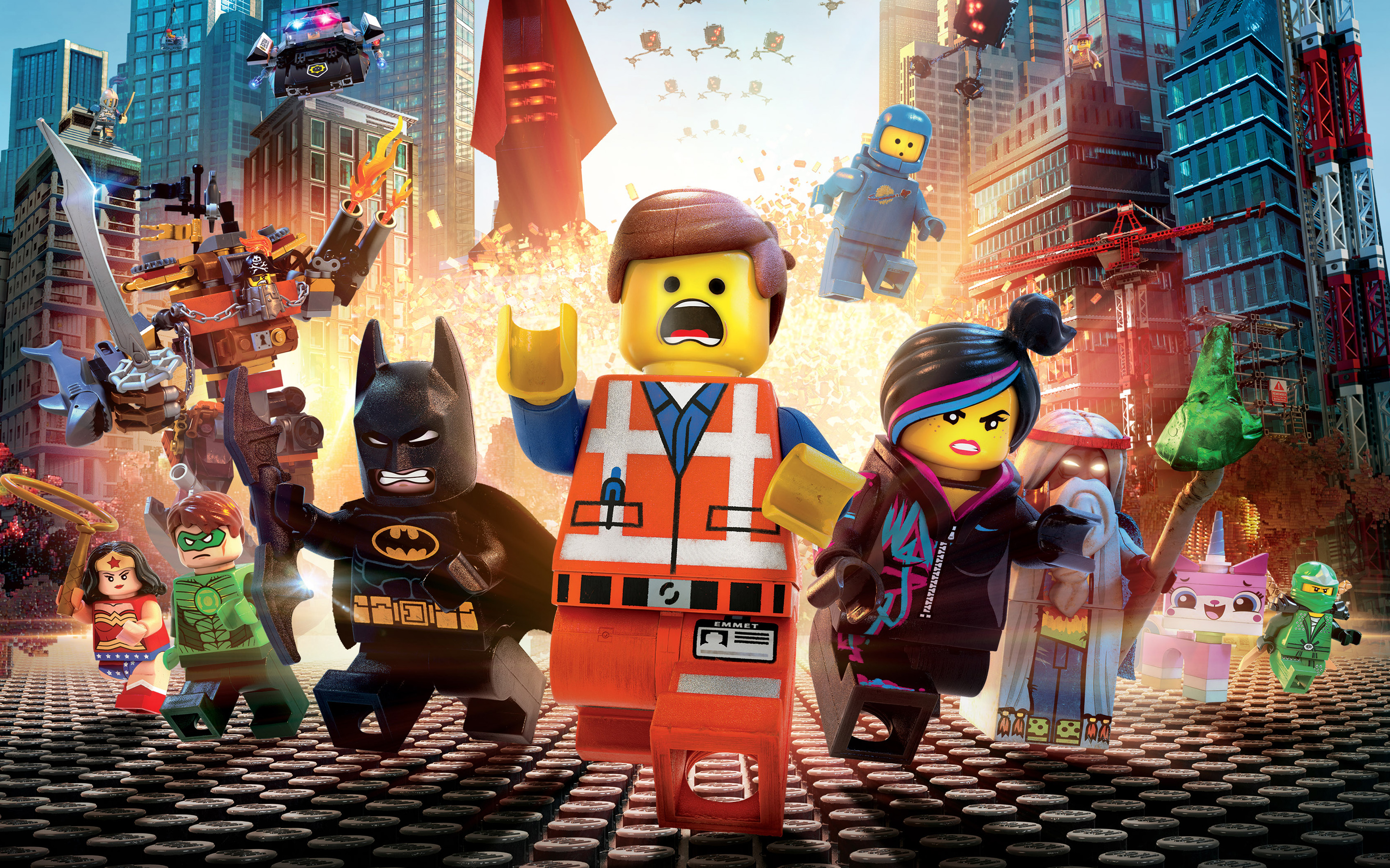 A post for The Lego Movie, featuring main characters Emmett, Wild Style, and others