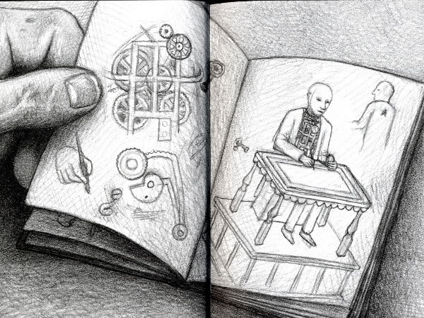 Sketch of automaton in notebook; from the Invention of Hugo Cabret