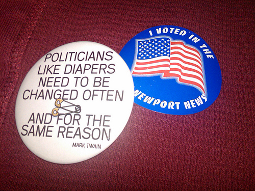 Mark Twain Sticker: "Politicians like diapers need to be changed often and for the same reason."