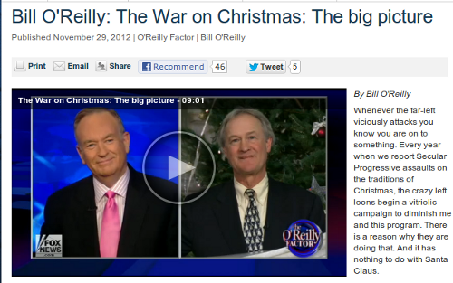 Fox news website screen shot with frame of Bill O'Reilly on camera with guest discussing the War On Christmas