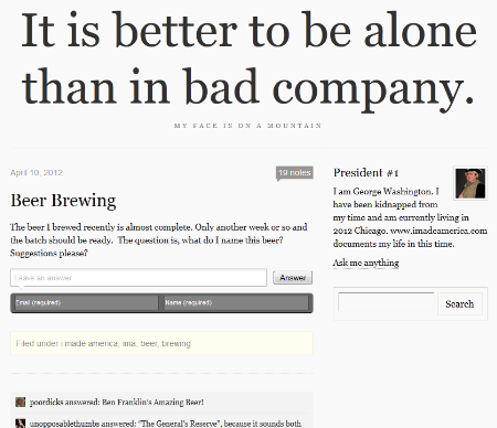 Screenshot from Washington's blog, in which he asks about what he should name his beer